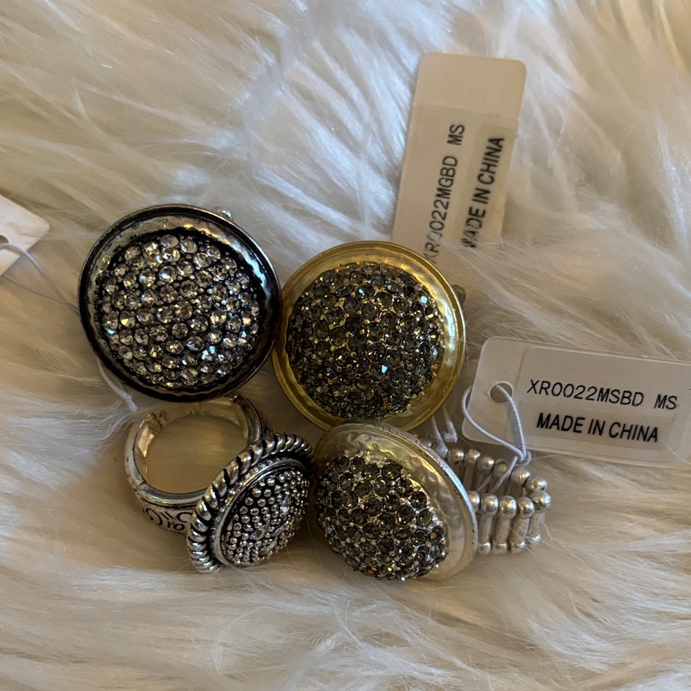 NEW Lot of 4 Elegant Gold and Silver Crystal Rings Set of 4 Bundle of 4 Festival